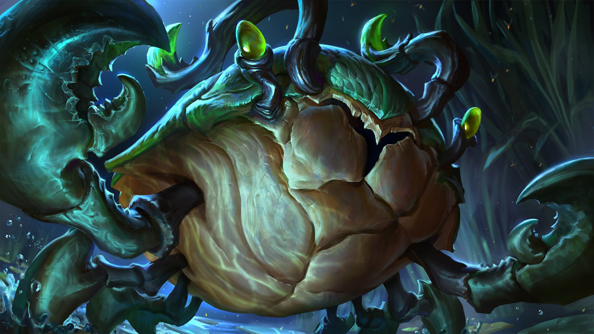 HD PC desktop wallpaper featuring a detailed close-up of a League of Legends creature with crab-like claws and glowing green accents in a dark, mystical environment.