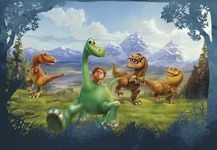 HD wallpaper featuring characters from The Good Dinosaur set against a picturesque mountainous backdrop.