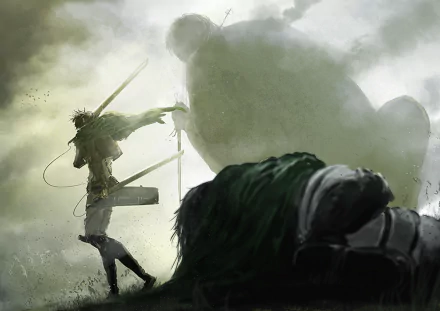 HD desktop wallpaper featuring Levi Ackerman from Attack on Titan in a dynamic action scene with a misty background.