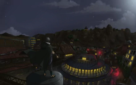 A dramatic night scene of Sasuke Uchiha overlooking Konohagakure, showcasing the dark anime aesthetic of Naruto. This HD wallpaper captures a tense, atmospheric moment.