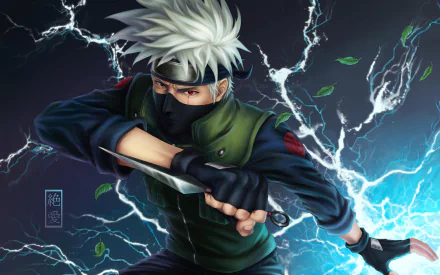 HD desktop wallpaper featuring Kakashi Hatake from Naruto unleashing Chidori, with electrifying blue energy and floating leaves in the background.