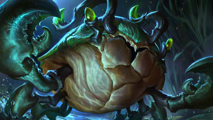 HD PC desktop wallpaper featuring a detailed close-up of a League of Legends creature with crab-like claws and glowing green accents in a dark, mystical environment.