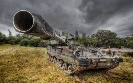 Panzerhaubitze 2000 self‑propelled howitzer on a grassy field under stormy skies — military 2K Quad HD PC desktop wallpaper and background.