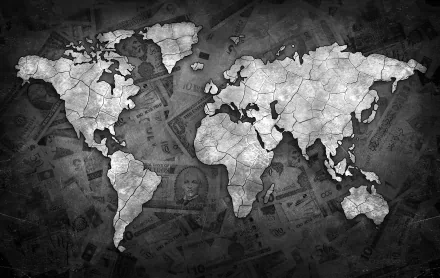 Grayscale world map silhouette layered over faded currency texture, high-contrast 4K Ultra HD PC desktop wallpaper and background.