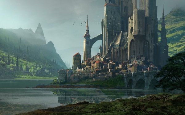Fantasy Castle Castles Lake Landscape HD Wallpaper | Background Image