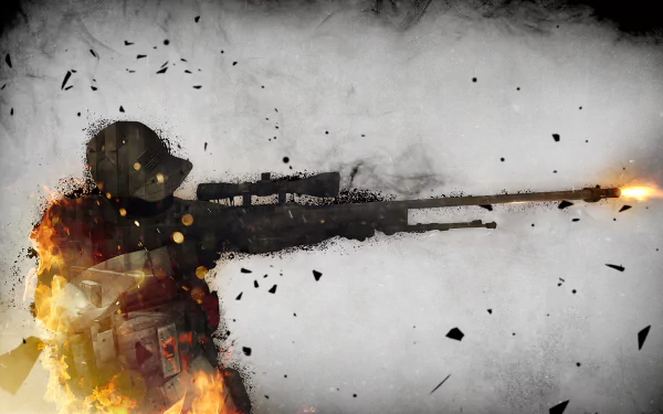 A HD desktop wallpaper and background featuring an action-packed scene from the video game Counter-Strike: Global Offensive, with a soldier aiming a sniper rifle amidst smoke and flying debris.