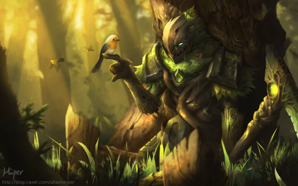 A serene HD wallpaper featuring a demon-like character from Runterra, holding a small bird amidst a lush forest setting, capturing the essence of League of Legends.