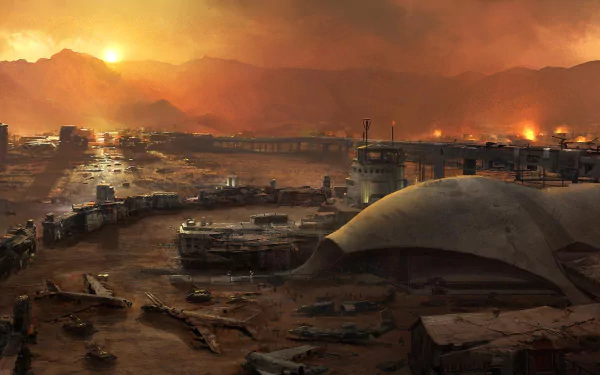 A dramatic HD wallpaper from Fallout: New Vegas, featuring a desolate landscape under a fiery sunset, capturing the game's post-apocalyptic atmosphere.