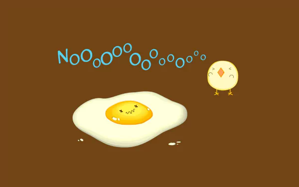 A whimsical HD desktop wallpaper featuring a cute chick expressing dismay over a cracked egg, with playful text bubbles enhancing the humorous scene. Perfect for adding fun to your background.