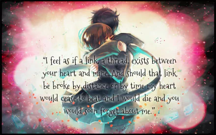 HD anime desktop wallpaper from Devil Survivor 2 The Animation depicting a heartfelt embrace with a touching love quote about an unbreakable bond between two hearts.