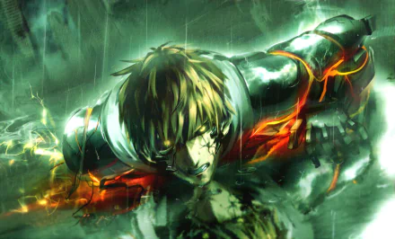 HD desktop wallpaper featuring Genos from One-Punch Man amidst an intense, rain-soaked scene. This vivid anime artwork captures the electrifying and dynamic essence of the character.