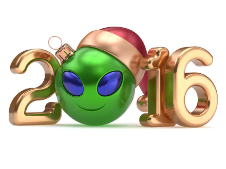 HD PC desktop wallpaper: holiday New Year 2016 image of a green alien ornament in a Santa hat nestled between gold 2016 numerals.