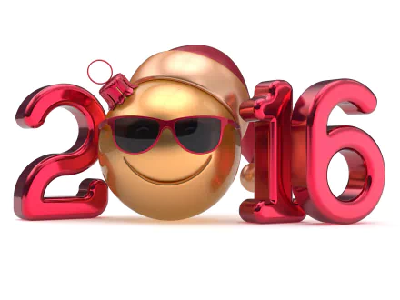 A festive HD PC desktop wallpaper featuring a cheerful gold emoji with sunglasses and a Santa hat, alongside shiny red numbers celebrating the New Year 2016.