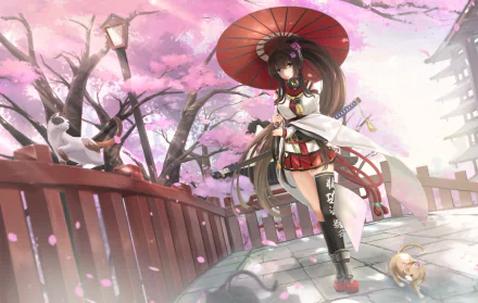 Anime girl with long brown hair in thigh-high socks and a skirt, holding a katana and red umbrella, surrounded by sakura blossoms and a cat, in a traditional Japanese setting. HD desktop wallpaper.