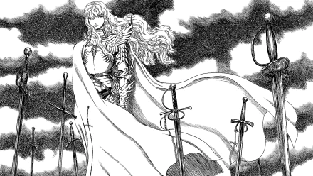A dramatic black-and-white scene featuring a character from the anime Berserk, standing amidst swords under a cloudy sky, suitable for an HD PC desktop wallpaper and background.