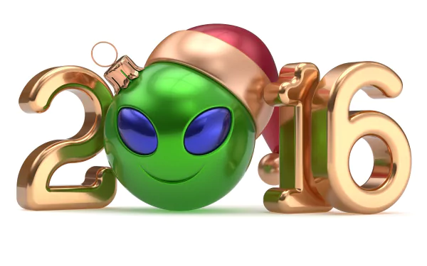 HD PC desktop wallpaper: holiday New Year 2016 image of a green alien ornament in a Santa hat nestled between gold 2016 numerals.