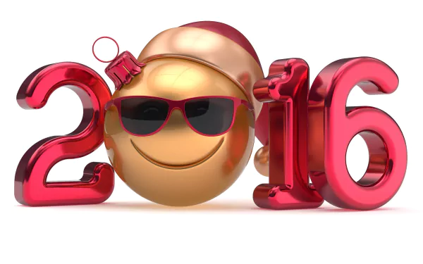 A festive HD PC desktop wallpaper featuring a cheerful gold emoji with sunglasses and a Santa hat, alongside shiny red numbers celebrating the New Year 2016.