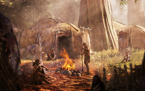 A vibrant HD desktop wallpaper from Far Cry Primal, depicting a prehistoric camp scene with characters gathered around a fire, set against a lush forest backdrop.