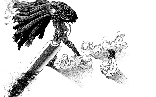 A striking HD wallpaper featuring Guts and Casca from Berserk, showcasing Guts wielding his massive sword while Casca watches, set against a dramatic monochrome background.
