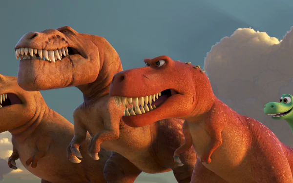 A high-definition desktop wallpaper featuring Spot and Arlo from Disney Pixar's movie The Good Dinosaur, alongside two menacing T-Rex dinosaurs against a cloudy sky.