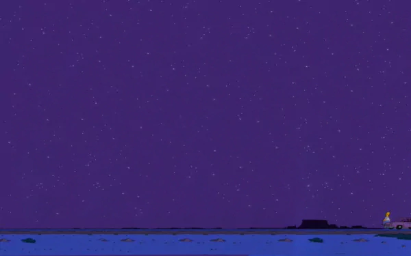 A tranquil HD desktop wallpaper featuring Homer Simpson from the TV show The Simpsons, set against a deep purple night sky with a still landscape below.