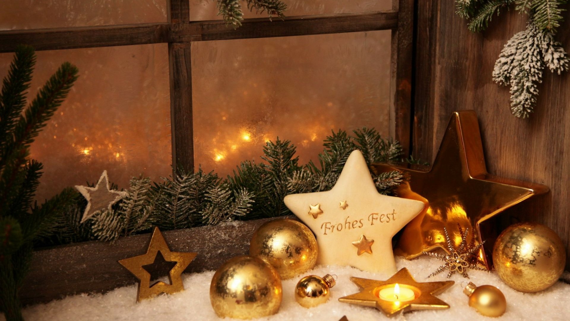 A cozy scene featuring festive Christmas ornaments, including golden baubles and star-shaped decorations, set against a warm, snowy backdrop, creating a cheerful holiday atmosphere.