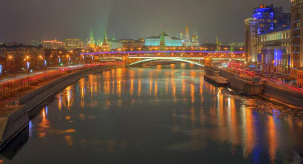 building reflection light bridge river night man made Moscow HD Desktop Wallpaper | Background Image