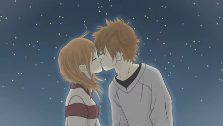 A romantic scene from the anime We Were There, featuring Motoharu Yano and Nanami Takahashi sharing a kiss against a starry night backdrop. HD desktop wallpaper.