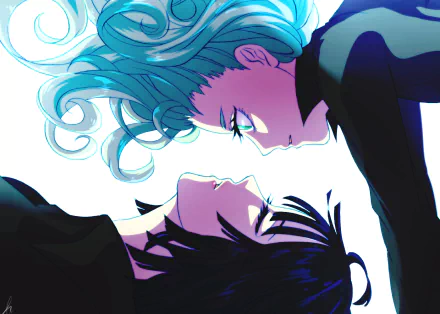 A vibrant HD wallpaper featuring Fubuki and Tatsumaki from One-Punch Man, showcasing their striking green and black hair, with intense green eyes and a dynamic composition.