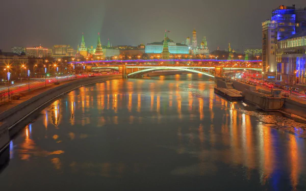 building reflection light bridge river night man made Moscow HD Desktop Wallpaper | Background Image