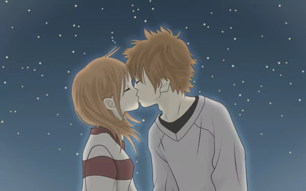 A romantic scene from the anime We Were There, featuring Motoharu Yano and Nanami Takahashi sharing a kiss against a starry night backdrop. HD desktop wallpaper.