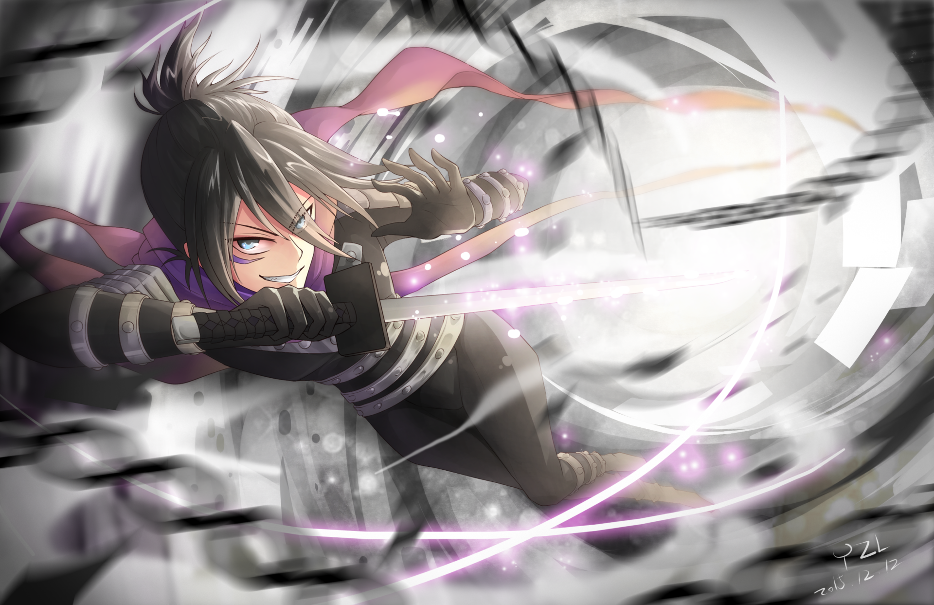 An anime character in a sleek bodysuit wields a katana, surrounded by a dynamic swirl of light and motion. With black hair and blue eyes, they exude confidence and energy.