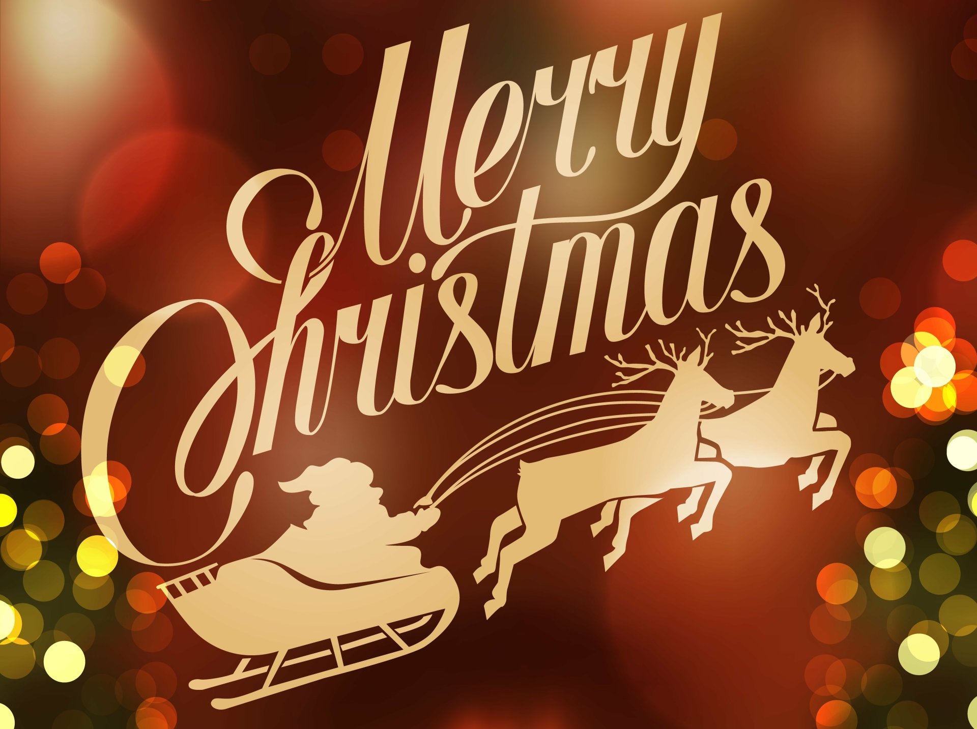 4K Ultra HD Merry Christmas wallpaper featuring Santa in a sleigh pulled by reindeer against a warm, glowing holiday background.