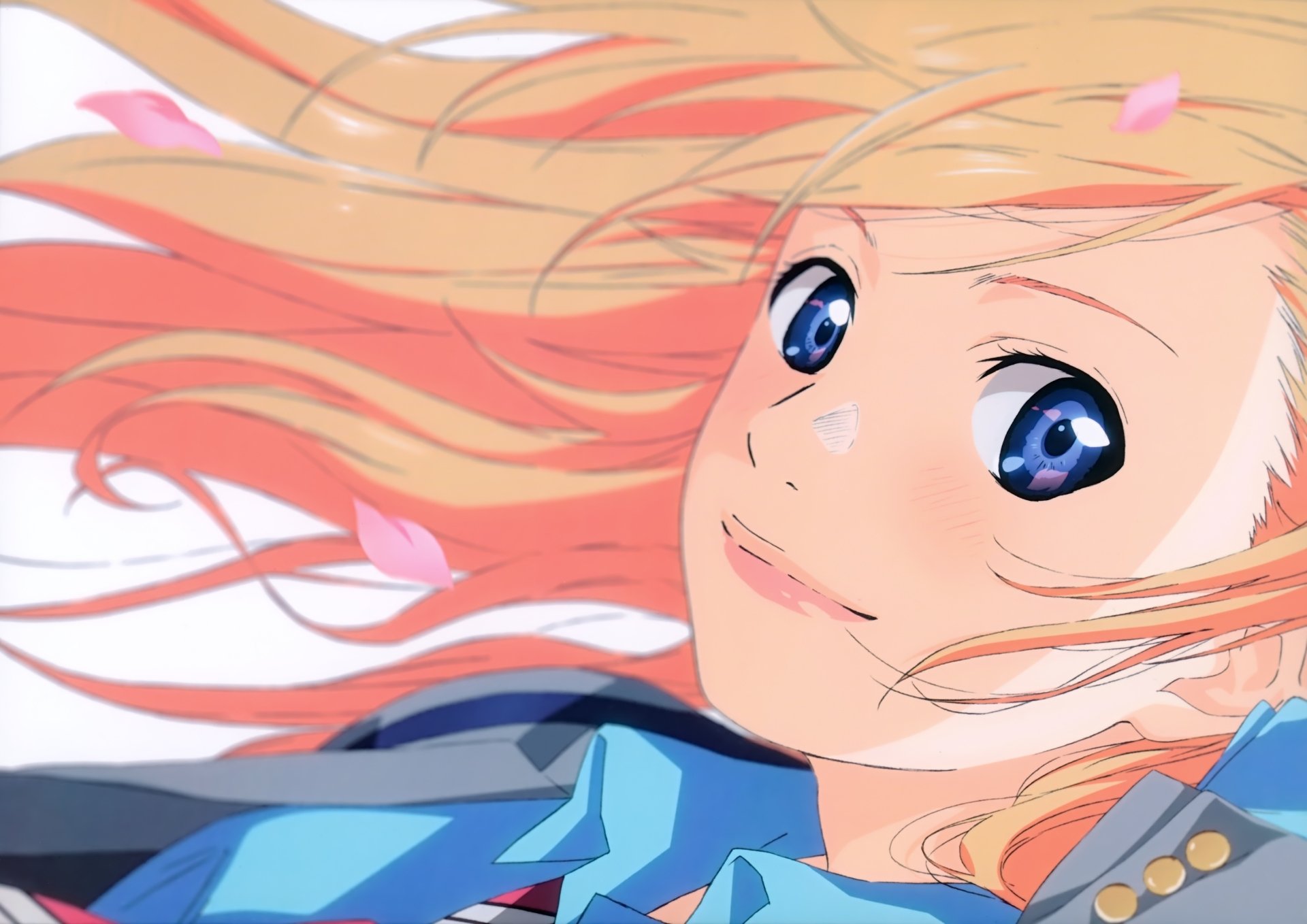 A vibrant HD wallpaper featuring Kaori Miyazono from the anime Your Lie in April, capturing her joyful expression amidst flowing hair and soft pink petals.