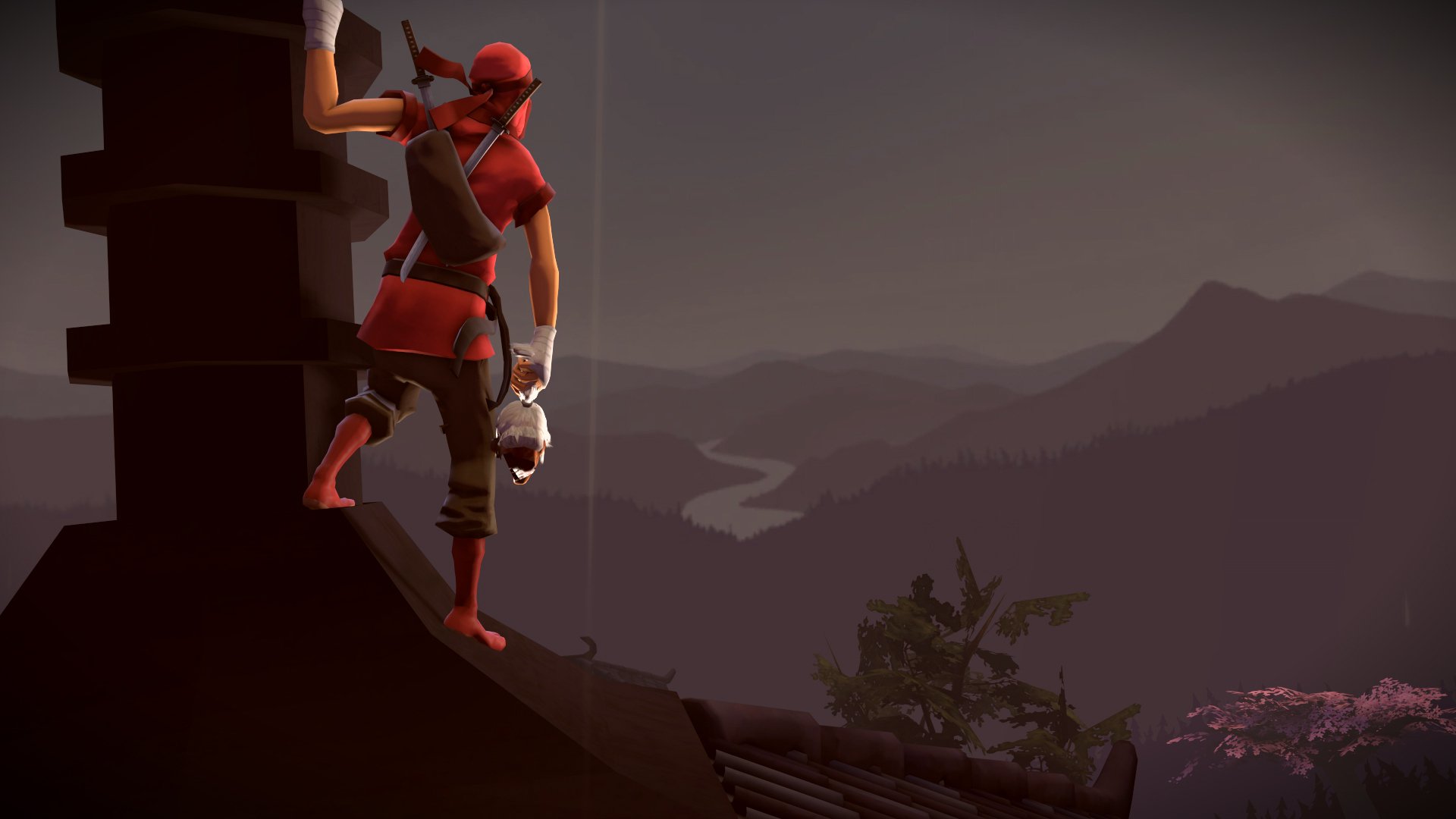 HD desktop wallpaper featuring Scout from Team Fortress 2 dressed as a ninja, overlooking a misty mountain landscape.