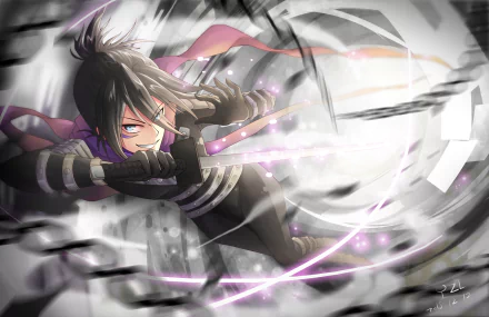 An anime character in a sleek bodysuit wields a katana, surrounded by a dynamic swirl of light and motion. With black hair and blue eyes, they exude confidence and energy.