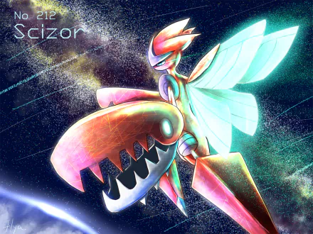 A vibrant HD wallpaper featuring Scizor, the Pokémon, soaring through a cosmic backdrop with striking colors and dynamic poses, blending anime aesthetics with a sense of adventure.