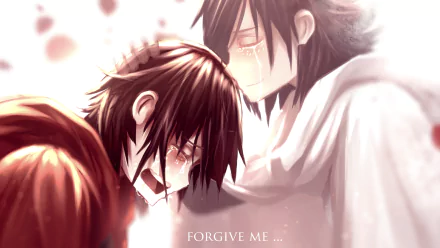 A poignant anime scene featuring Ruby Rose from RWBY, conveying deep emotion with characters embracing, highlighted by the quote “FORGIVE ME...” in a beautifully rendered HD background.