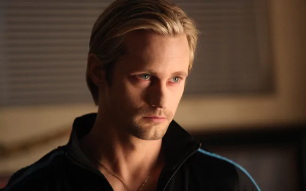 Close-up of a brooding blond man in dim light, styled as an HD PC desktop wallpaper inspired by the TV vampire drama True Blood.