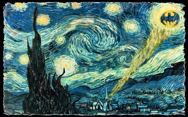 A vibrant HD desktop wallpaper featuring a comic-inspired reinterpretation of Van Gogh's Starry Night, prominently displaying the Batman symbol illuminated in the sky.