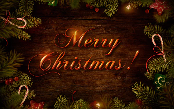 A festive HD wallpaper showcasing a Merry Christmas! message surrounded by candy canes and Christmas ornaments, framed by evergreen branches and holiday decorations.