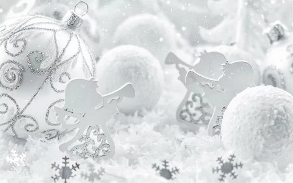 A 4K Ultra HD Christmas desktop wallpaper featuring white holiday ornaments, sparkling snowflakes, and angel decorations in a snowy, festive setting.