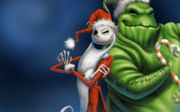 Jack Skellington and Oogie Boogie from *The Nightmare Before Christmas* are smiling in this vibrant HD wallpaper, showcasing their iconic characters in a festive setting.
