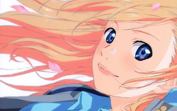 A vibrant HD wallpaper featuring Kaori Miyazono from the anime Your Lie in April, capturing her joyful expression amidst flowing hair and soft pink petals.