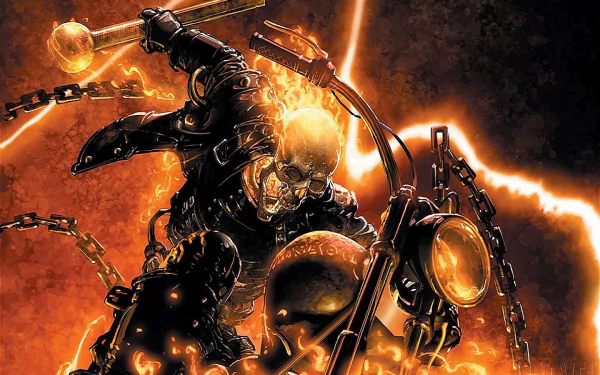 A striking HD wallpaper featuring Johnny Blaze as Ghost Rider, wielding chains and engulfed in flames, set against a dramatic backdrop of orange and black.