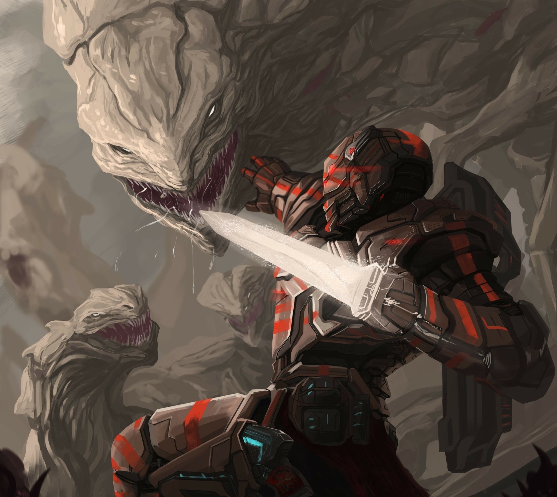 A futuristic warrior in armored gear battles a monstrous creature with a sword, set in a dramatic sci-fi landscape. The image captures the intensity of the confrontation.