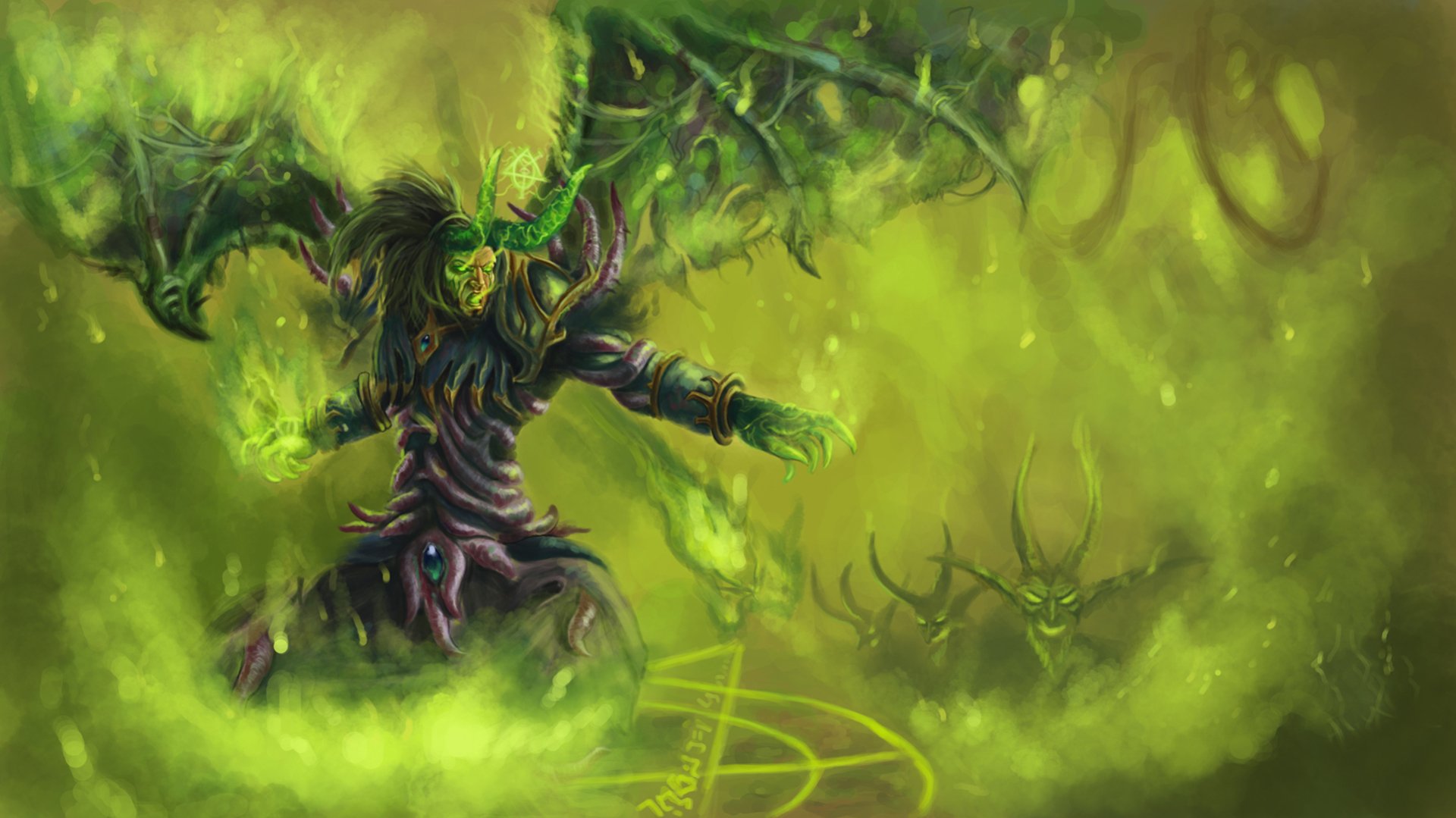HD World of Warcraft desktop wallpaper featuring a menacing, greenish-hued forest creature surrounded by eerie, glowing eyes in a misty, mystical environment.