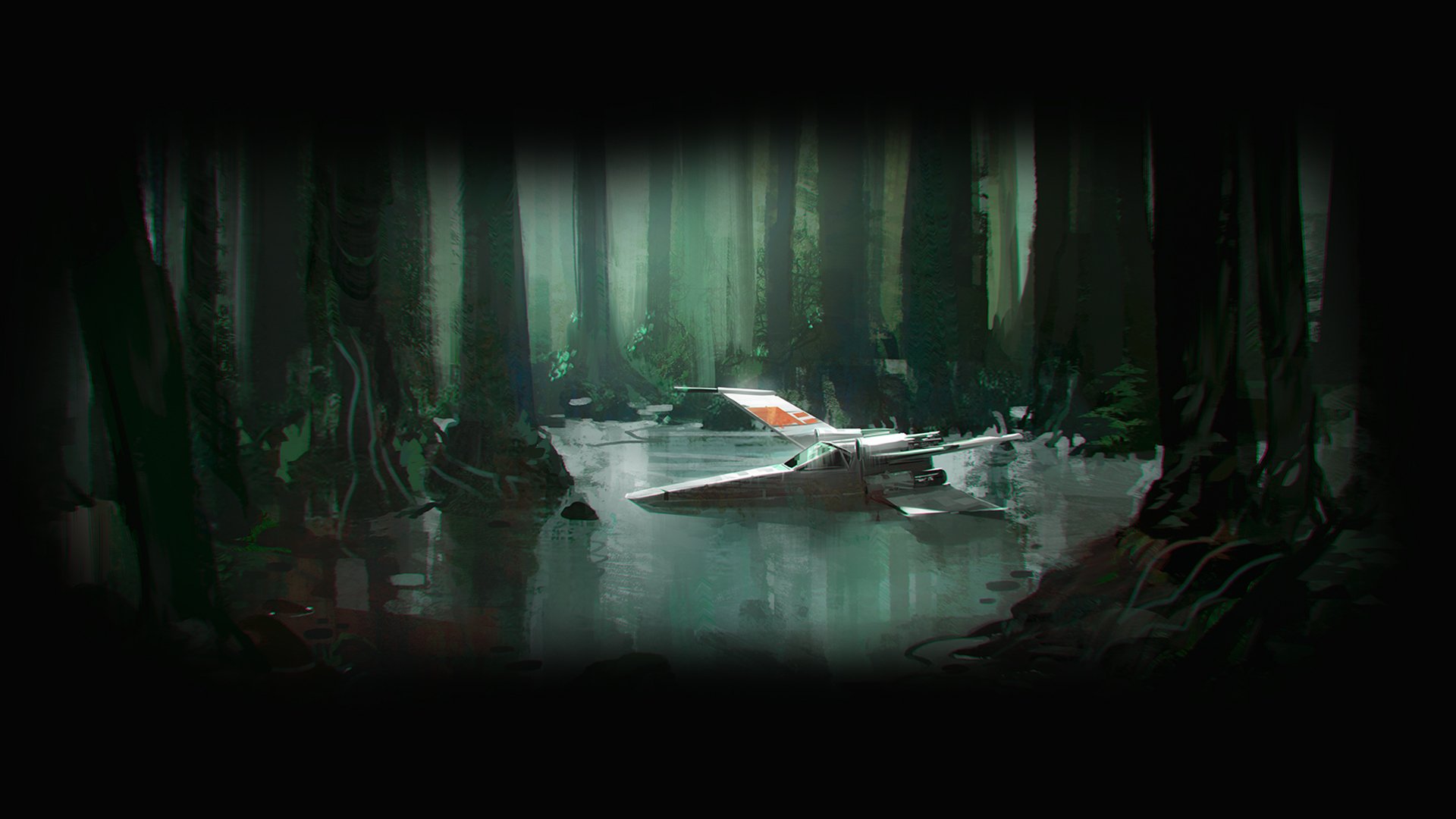 HD PC desktop wallpaper featuring a Star Wars X-Wing spacecraft gliding through a dark, misty forest in a sci-fi setting.