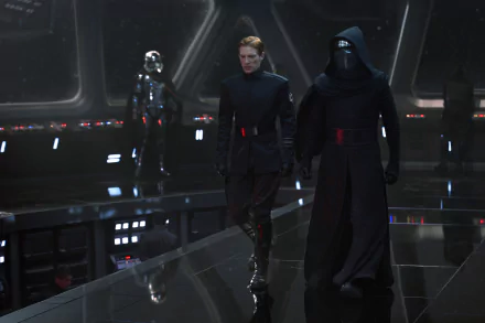 A dramatic scene from Star Wars Episode VII: The Force Awakens, featuring Domhnall Gleeson as General Hux, Kylo Ren, and Captain Phasma, set against a high-tech backdrop.