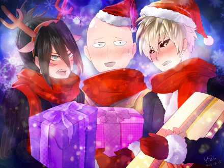 Anime-inspired HD wallpaper featuring characters from One-Punch Man in festive attire, holding colorful gift boxes against a vibrant, wintry background.